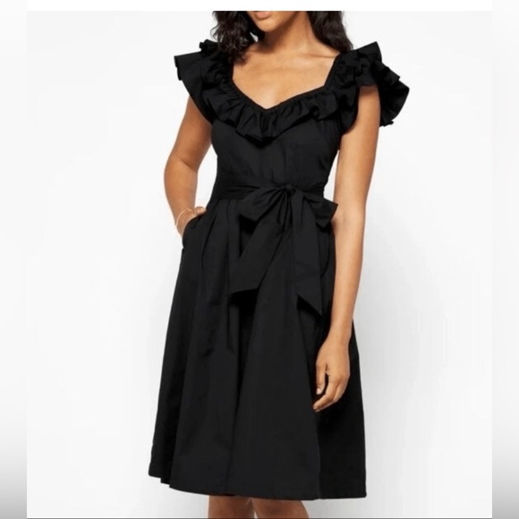 Hill House Ava Nap Dress in Black Cotton Poplin Midi Ruffle Sleeve Smocked Back - Picture 4 of 7